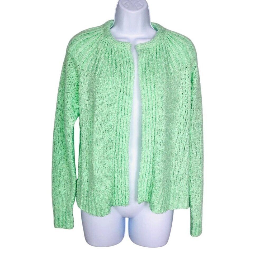 Vintage 80s Northern Isles Womens L Sweater Green Knit Open Front Cardigan Long